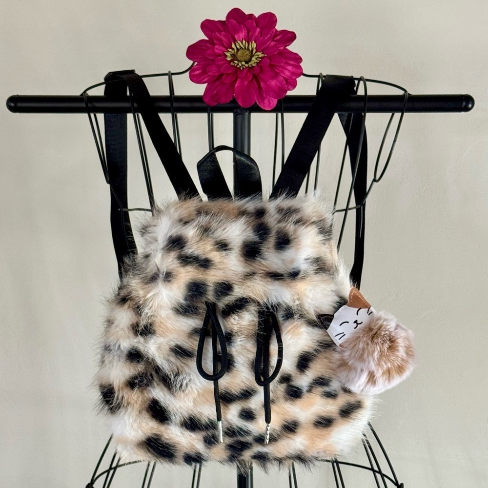 New Black & Cream Leopard Print Faux Fur Mini Backpack Bag Purse w/ Cat Charm